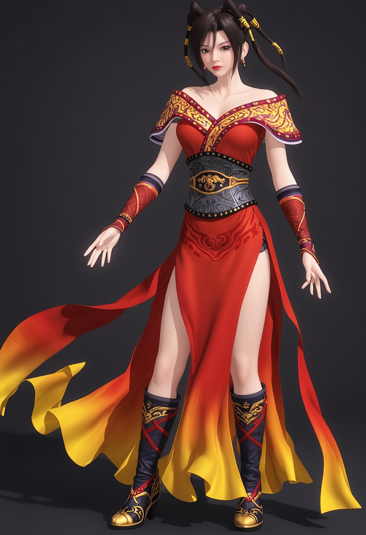 (full_body:1.1),(looking at viewer:1.1),facing viewer,direct gaze,<lora:YQ_pony_cilian_V4:0.8>,1girl,solo,black hair,brown eyes,jewelry,brown hair,earrings,dress,hair ornament,long hair,twintails,red dress,chinese clothes,boots,black eyes,side slit,sash,armor,ponytail,BREAK (white skin:1.1),(fair skin:1.1),(Ivory skin:1.1),(shiny skin),perfect anatomy,(simple background,pure black background,black background:1.1),