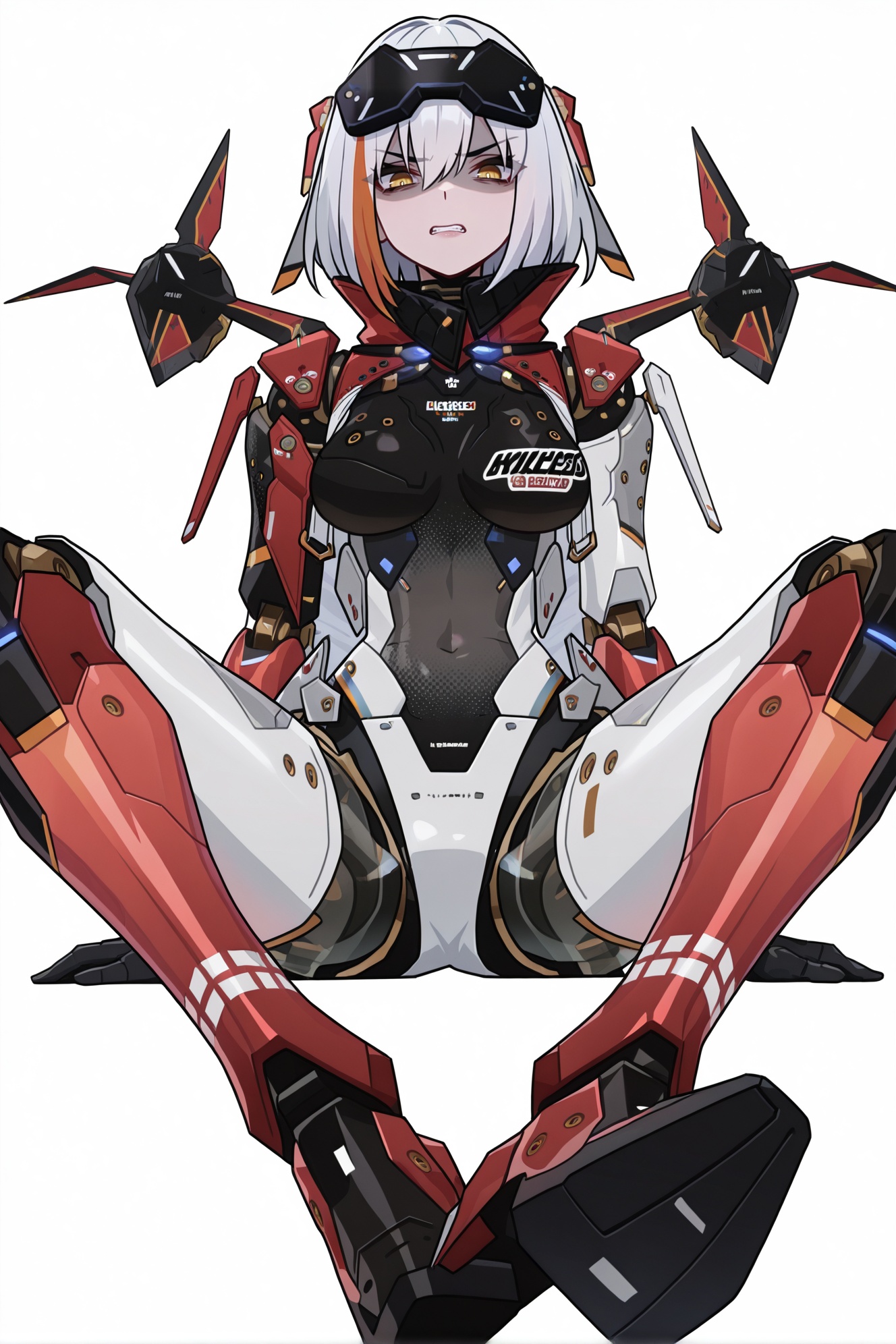 masterpiece,best quality,newest,absurdres,very aesthetic,best quality,year 2024,newest,<lora:BKSTL-6e:0.5>,BKSTL,<lora:black_white_potrait_lineart-10-NOOB-EPS1.1:0.5>,<lora:flatline_v2_-_Illus_x_Niji:0.5>,Flatline,Flat vector illustration,very awa,<lora:haiz_ai_illu:0.5>,haiz_ai,awa,QwQ,shy,begging,1girl,bare foot,foot focus,disgust,spread legs,(solo:1.2),simple background,(white background:1.2),(white background:1.1),<lora:nike-will-Tanger:0.8>,rosetta,rosetta \(nike\),clothes: nike red-and-grey mecha suit,eyewear on head,mecha musume,1girl,robot joints,breasts,white hair,android,short hair,mechanical legs,yellow eyes,high shoes,