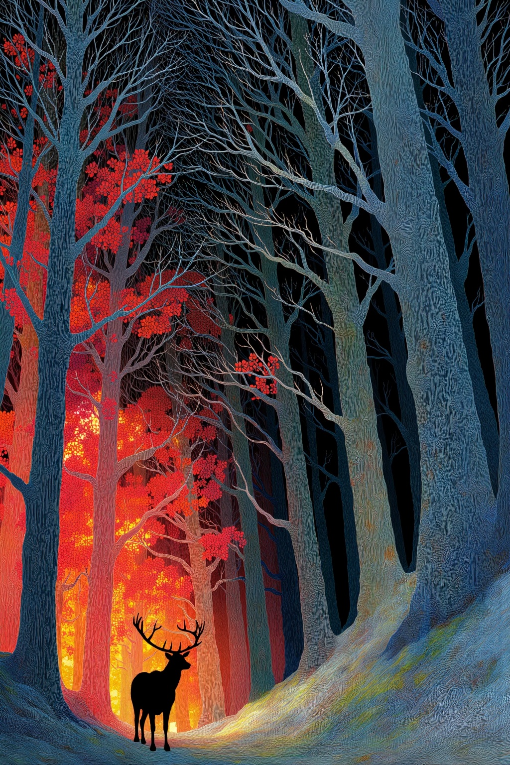 beijihui,a forest spirit with antlers watching from deep within a glowing grove,luminous trees,fine spiritual lines,hidden zen presence,