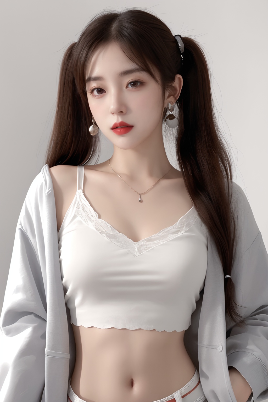 1girl, breasts, cleavage, crop top, earrings, jacket, jewelry, lips, long hair, looking at viewer, medium breasts, midriff, navel, necklace, realistic, red lips, solo, twintails, white jacket  <lora:美女1.0:1>
