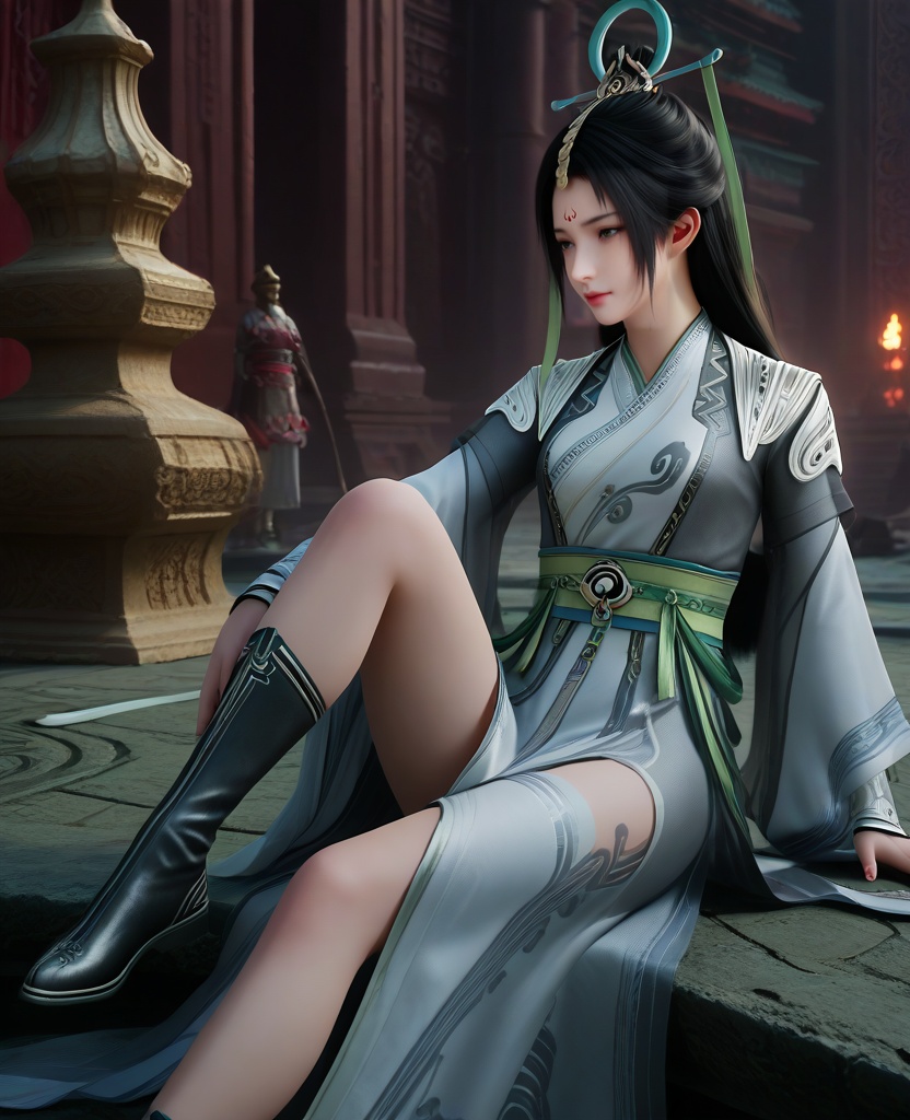 (oriental architecture, elegant decor, sophisticated style:1.1),(Sitting, on a chair, one leg crossed over the other,:1.1),(breasts:1.2),<lora:XL16遮天陆灵:0.95>,miss luling,white dress,see-through wrap coat,forehead mark,black hair,long hair,hair ornament,sash,weapon,black boots,, score_9,score_8_up,score_7_up,score_6_up,score_5_up,score_4_up,3d rendering,tag1,tag2, Cinematic Lighting,backlighting,