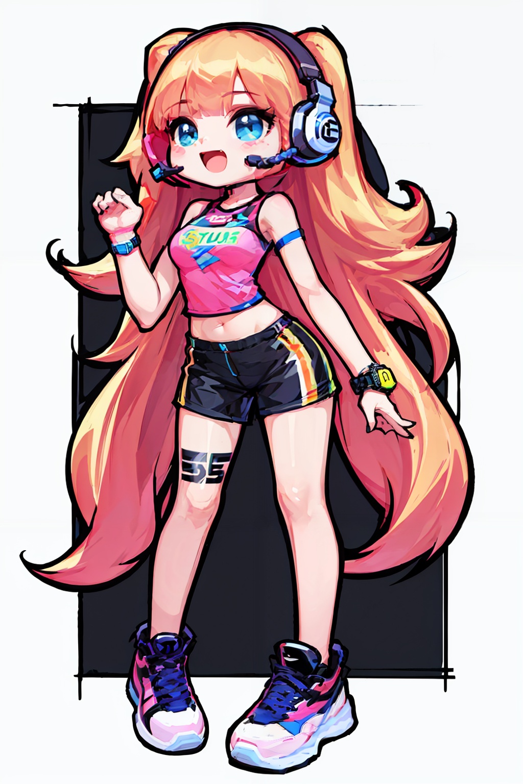 PD_meichao(style),1 lively and cute girl,e-sports clothing,headset,whole body,standing,whole body,raised hands,watch,pink sneakers,summer limited edition,thick graffiti style lines,(white background:1.3),<lora:PD_meichao_v1-000022:0.7>,