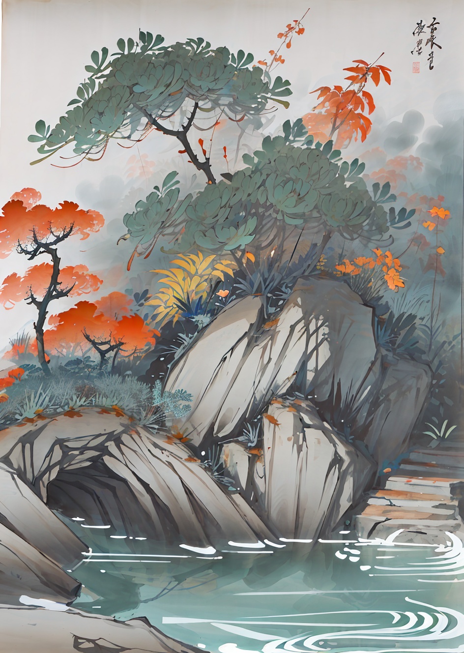 huaniao, [(white background:1.5)::5], mid shot, full body, chinese style, flowers,((fish)),stone fragment, beautiful detailed water,pool,  <lora:huaniao:1>