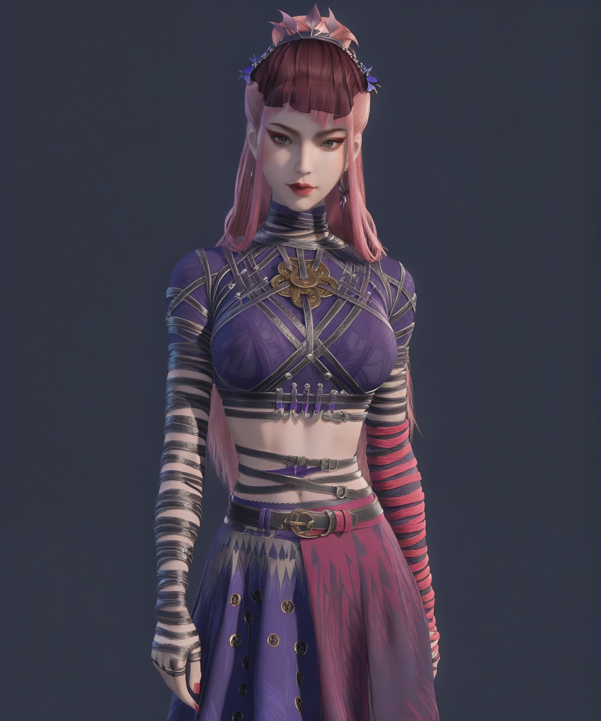 score_9,<lora:SF_JiangChen_Pony_XMM-000004:0.7>,purple dress,hair ornament,bangs,pink hair,red lips,crop top,eyeshadow,mole under eye,1girl,breasts,large breasts,skirt,standing,solo,belt,red bandaged arm,looking at viewer,simple background,black footwear,