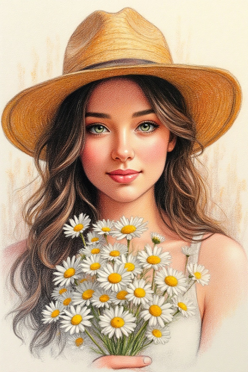 { "prompt": "Detailed colored pencil drawing of a woman in a straw hat holding daisies.",  "person": "Young woman with lon...
