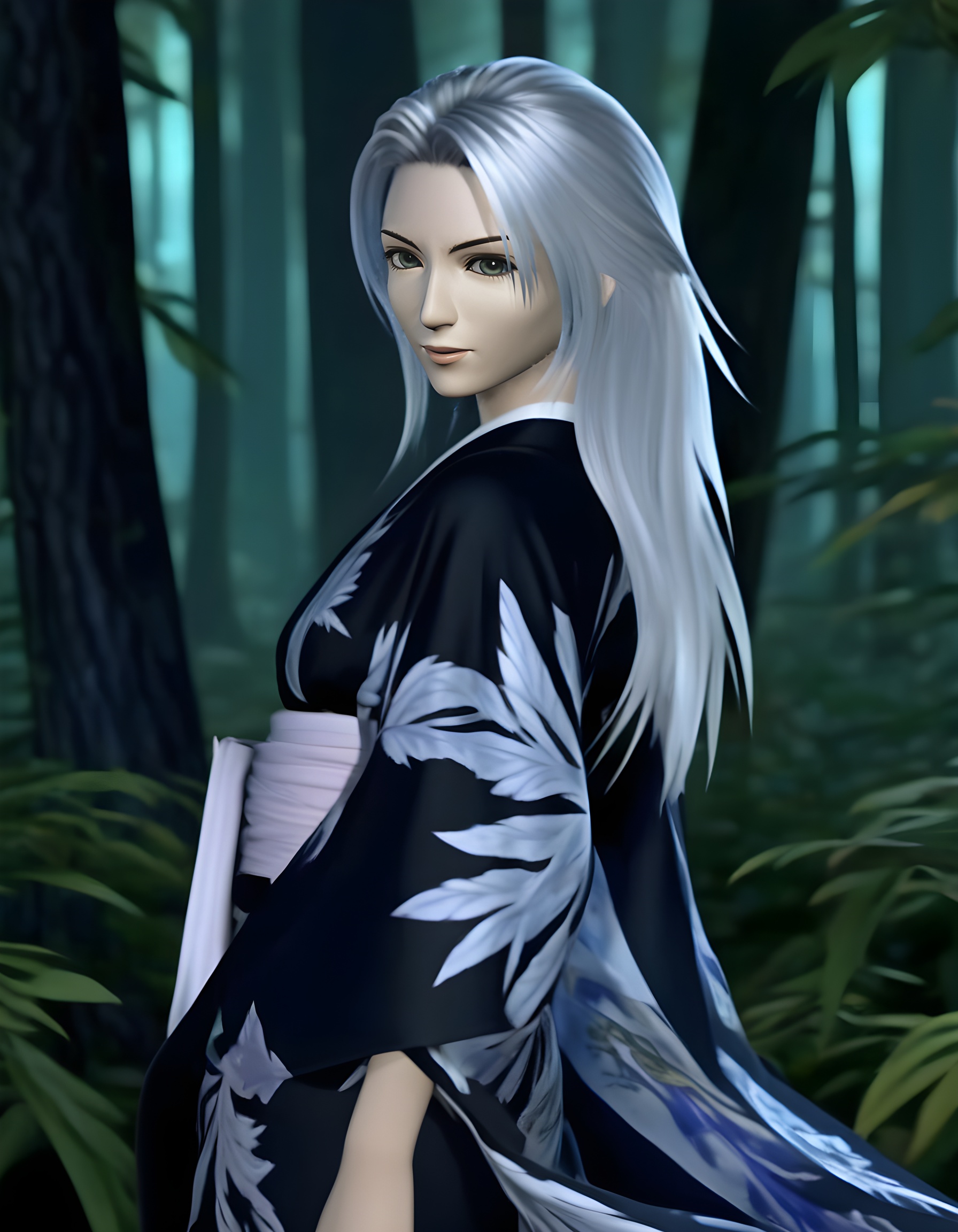 ff8_style,  In a Final Fantasy VIII-inspired tableau,  a striking woman with raven-black eyes and cascading on Tensor.Art