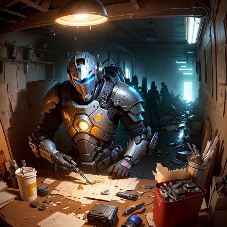 Wide angle Environmental shot in a cluttered and messy shack , action shot, tattered torn shirt, porcelain cracked skin, league of legends, vibrant, photo realistic, realistic, dramatic, dark, sharp focus, 8k."Robot destroyed to pieces with glowing yelow visor as a realistic scifi cyberpunk knight, medium shot, intricate,unreal engine, cozy indoor lighting, artstation, detailed, "james gurney, katsuhiro otomo, james paick, cinematic lighting, vibrant nature, Craig Mullins, Greg Rutkowski, Pete Morbacher, Tuomas Korpi, tekkon kinreet, volumetric light, trending on artstation, octane rendering.", trending on artstation, sharp focus, studio photo, intricate details, highly detailed, by greg rutkowski