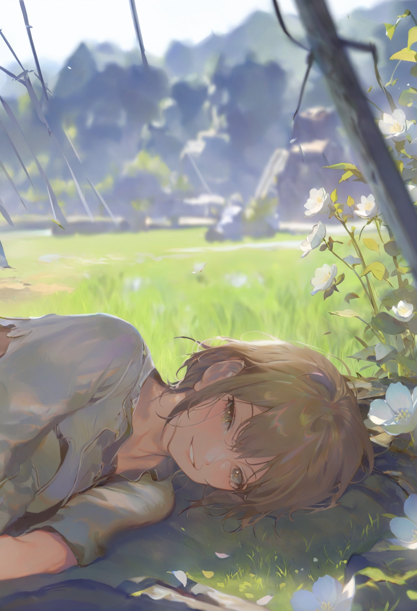 masterpiece, best quality, solo, flower, 1girl, brown hair, white flower, parted lips, looking at viewer, lying, close-up, smile, short hair, bangs, blurry, on side, blonde hair, petals ,outdoors, scenery, sky, cloud, ground vehicle, motor vehicle, car, grass, day, tree, ruins, building, blue sky, overgrown, blurry foreground, power lines, plant, cloudy sky, blurry, utility pole, depth of field, broken window, road  <lora:REIKOXLlokr8f-000156:1>