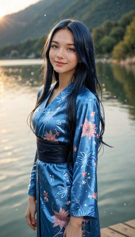 score_9_up, score_8_up, score_7_up, Raw Photo, Portrait, girl, cute, seductive, innocent, light smile:0.3, plump lips, slender body, floating blue hair, long hair, water:0.7, waterdrop, wet, high detailed blue kimono texture, intricate pattern, ultra detailed, textured clothing, softlight passing through hair, sunset, lake background, depth of field, dynamic angle, photo realistic:1.4, realistic skin:1.4, fashion photography, sharp, analog film grain, hyperdetailed:1.15