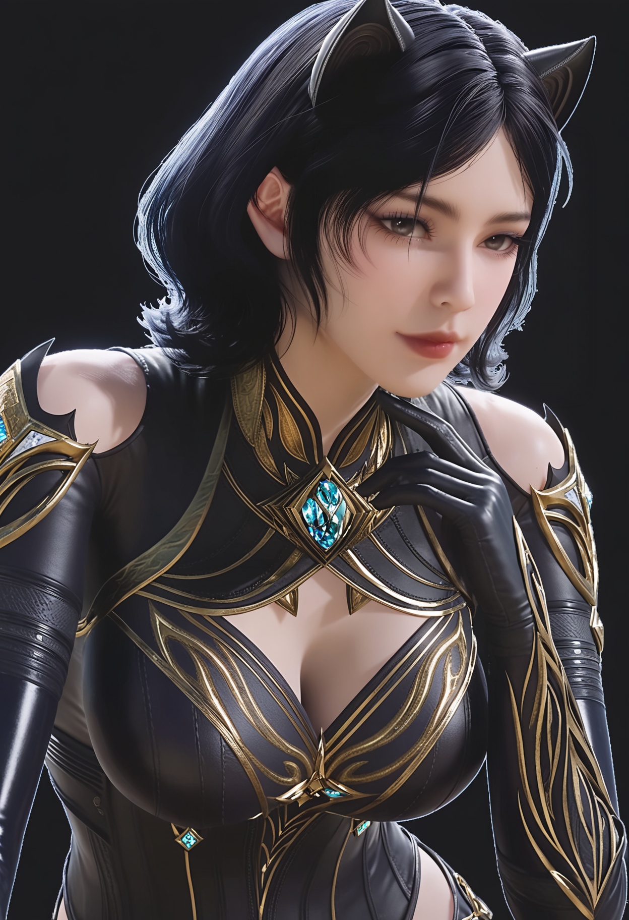perfect_anatomy,(score_9:1.1),(upper_body:1.1),looking_at_viewer,<lora:YQ_pony_zhulu_V2:0.8>,1girl,q1528437228,solo,black hair,short hair,breasts,clothing cutout,animal ears,cat ears,bodysuit,gloves,cleavage cutout,black eyes,cleavage,black bodysuit,realistic,red lips,thighhighs,black gloves,gem,boots,perfect_anatomy BREAK (perfect_anatomy:1.1),mature female,(simple background,pure black background,black background:1.1),(shiny_skin),(Ivory_skin:1.1),(cinematic lighting),