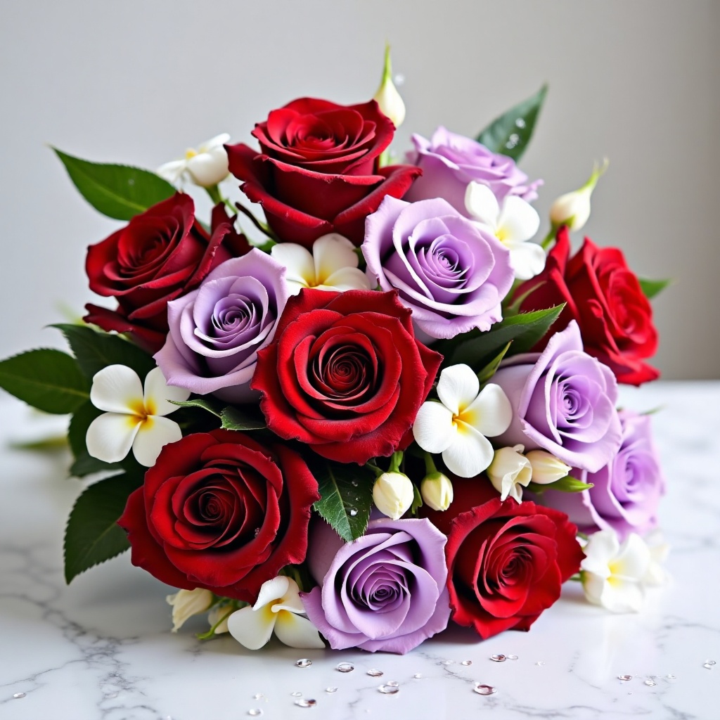 roses,roses,A bouquet of red, white, and purple roses is arranged in a staggered pattern, with deep red velvet petals contrasting with light purple roses. White flowers are dotted among them, and green leaves are dipped in sparkling water droplets. It is placed on the white marble countertop of a modern style floral studio, with natural gradient luster emanating from the petals under the soft top light.
