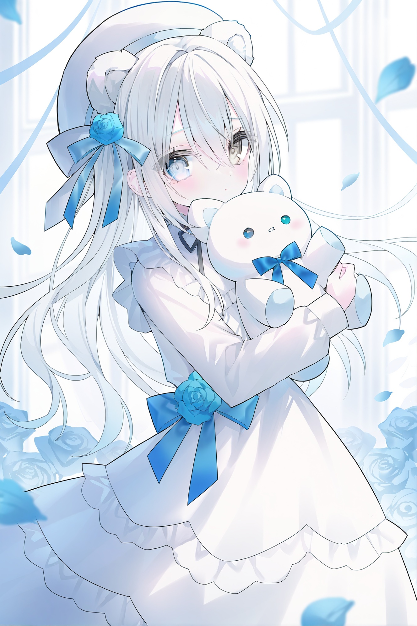 1girl,dress,solo,bear ears,white dress,heterochromia,ribbon,long sleeves,long hair,blue eyes,flower,white hair,white headwear,looking at viewer,rose,blue flower,blue ribbon,hair ribbon,stuffed animal,blush,stuffed toy,petals,grey eyes,animal ears,blue rose,hat,hair ornament,holding,frills,teddy bear,hair between eyes,