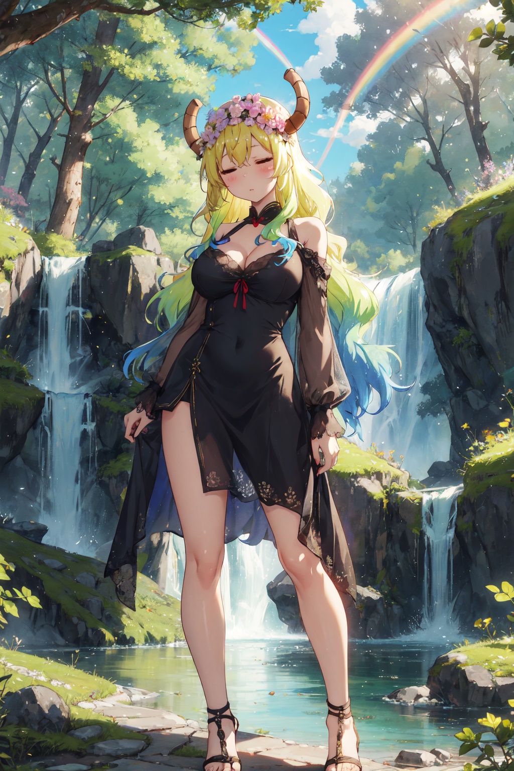 <lora:Quetzalcoatl-000019:0.8>,Lcoa CYQL,1girl,looking at viewer,solo,dragon girl,long hair,blonde hair,green hair,multicolored hair,gradient hair,dragon horns,closed eyes,breasts,large breasts,cleavage,full body,Feminine lace fit-and-flare dress with a scalloped neckline and cap sleeves,smug,upper_body,Plunging down, the waterfall often forms a brilliant rainbow arch under the sun's rays, with water droplets spraying and thunderous sounds echoing amidst lush greenery,(Bluebells, Misty forest, Ethereal atmosphere, Bluebell haze, Enchanted woodland, Morning mist:0.5),beautiful detailed sky,beautiful detailed glow,posing in front of a colorful and dynamic background,masterpiece,best quality,beautiful and aesthetic,contrapposto,female focus,wallpaper,