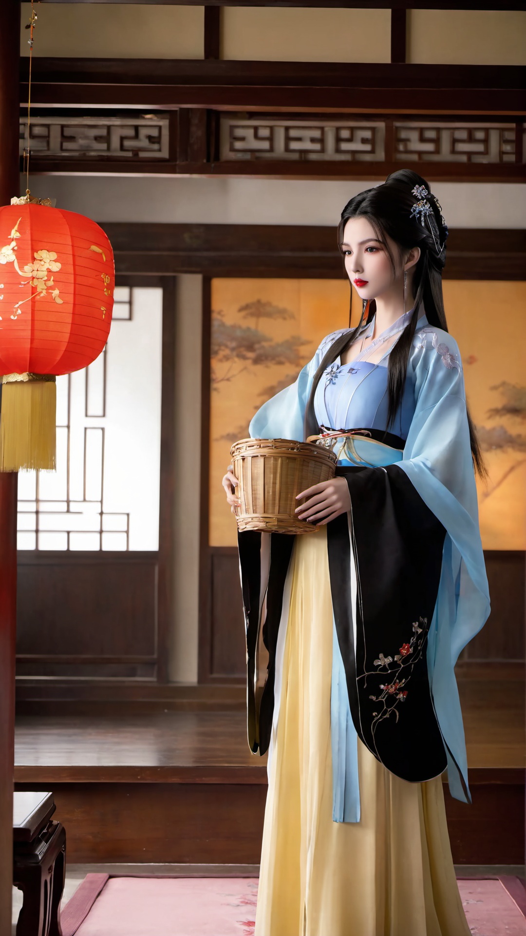 1girl,solo,holding,hanfu,jewelry,long hair,hand fan,chinese clothes,necklace,long sleeves,hair ornament,holding fan,basket,brown hair,standing,black hair,wide sleeves,red lips,<lora:仙逆-王林-马良-李慕婉合一:0.73>,traditional_chinese_room,