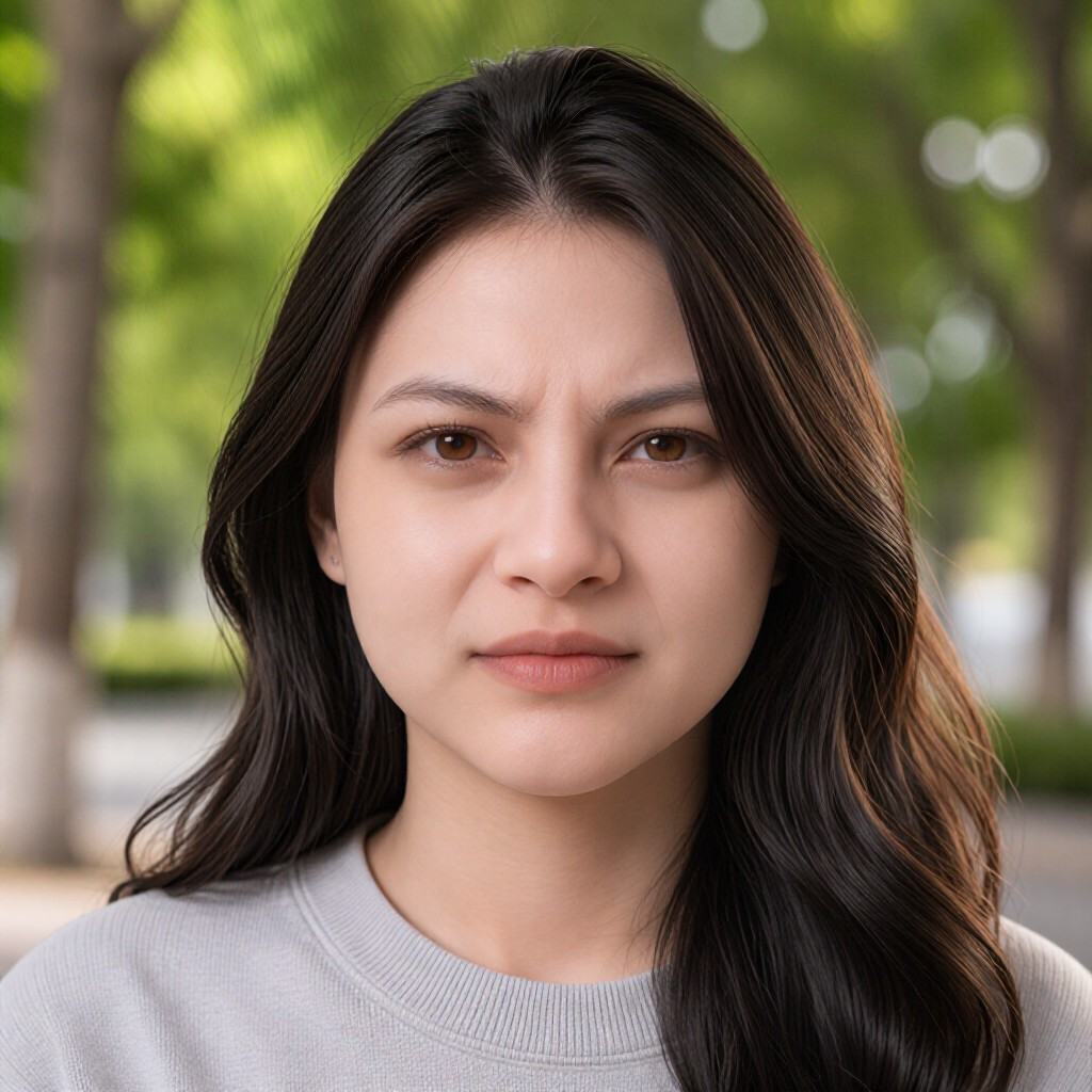 A photorealistic portrait shows Alin,  a woman displaying a confused facial expression. Visible facial cues include slight...
