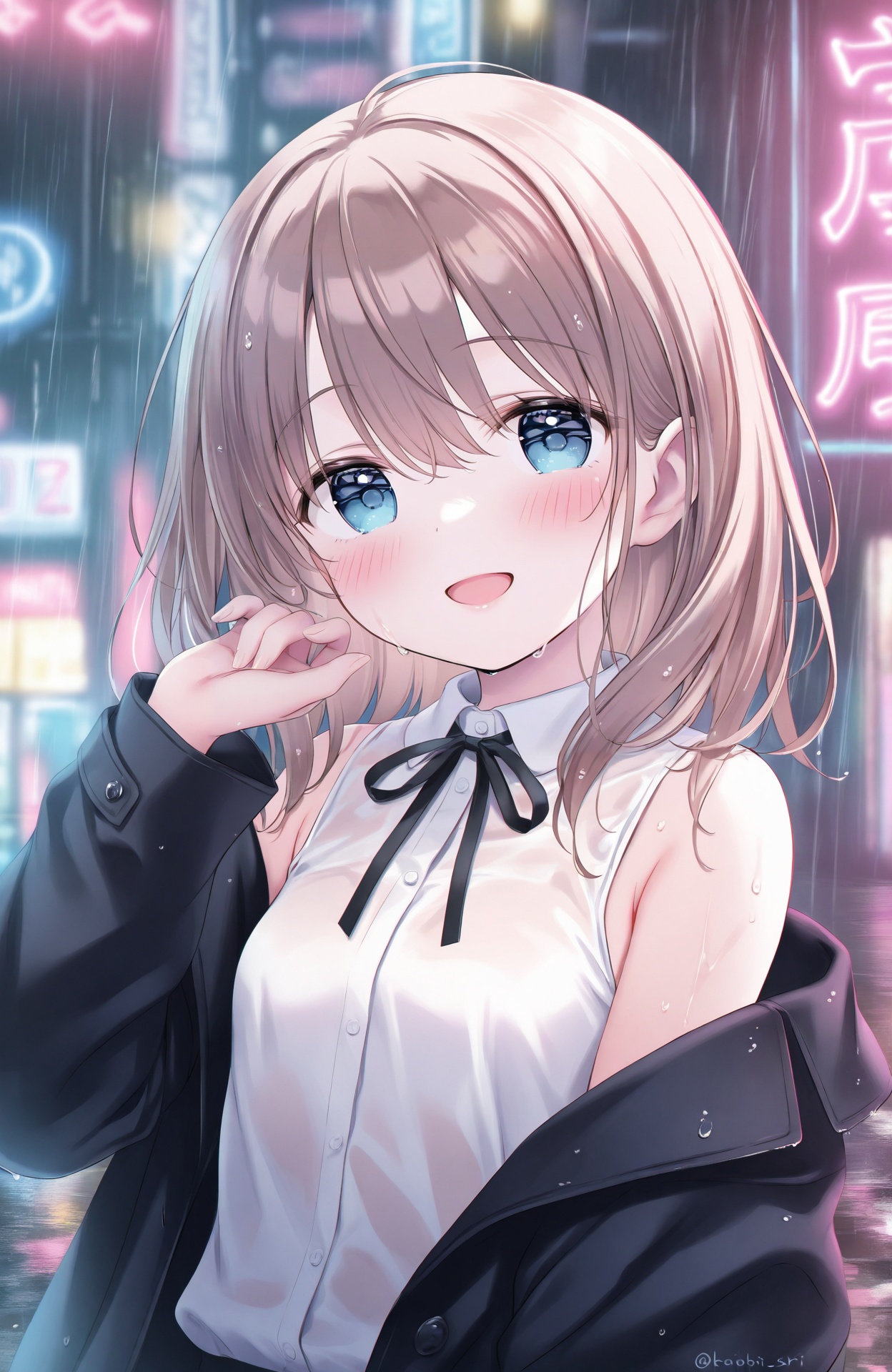 masterpiece,absurdres,best quality,loli,petite,high quality,chromatic_aberration,//,1girl, solo, jacket, brown hair, off shoulder, rain, looking at viewer, black jacket, smile, sleeveless, shirt, white shirt, blue eyes, blurry, blurry background, open clothes, twitter username, bare shoulders, blush, upper body, open mouth, long sleeves, neck ribbon, open jacket, outdoors, :d, sleeveless shirt, depth of field, wet, small breasts, ribbon, breasts, hand up, neon lights, medium hair, black ribbon, hair between eyes