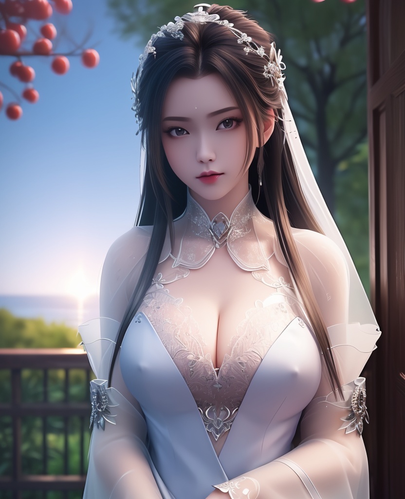 <lora:706-DA-诛仙-陆雪琪-新装束:0.8>(,1girl, ,best quality, ),looking at viewer,  ,, ultra detailed background,ultra detailed background,ultra realistic 8k cg,,masterpiece, (( , )), fiction,mole,  ,     ,see-through, lace, (cleavage),(((, solo, sun, , bare_tree, )))
