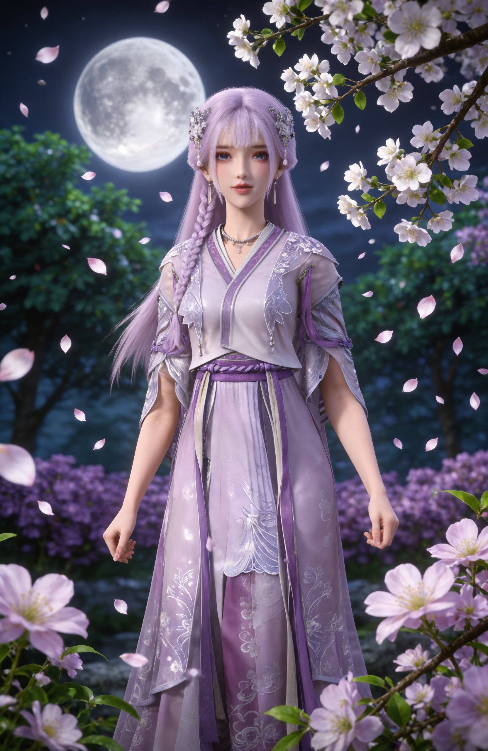 <lora:百炼成神3-小天穹Pony:0.8> 1girl, long hair, purple hair, hair flower, hair ornament, lips, side braid, earrings, chinese clothes, necklace, lavender dress,see-through, lavender shoes,, masterpiece,best quality,solo,1girl,upper body,petals,looking at viewer,moon,branch,cherry blossoms,flower,extreme aesthetic,(quasarcake:0.7),masterpiece,best quality,good quality,newest,very aesthetic,absurdres,A shot with tension,(Visual impact,giving the poster a dynamic and visually striking appearance:1.2),impactful picture,offcial art,colorful,splash of color,movie perspective,