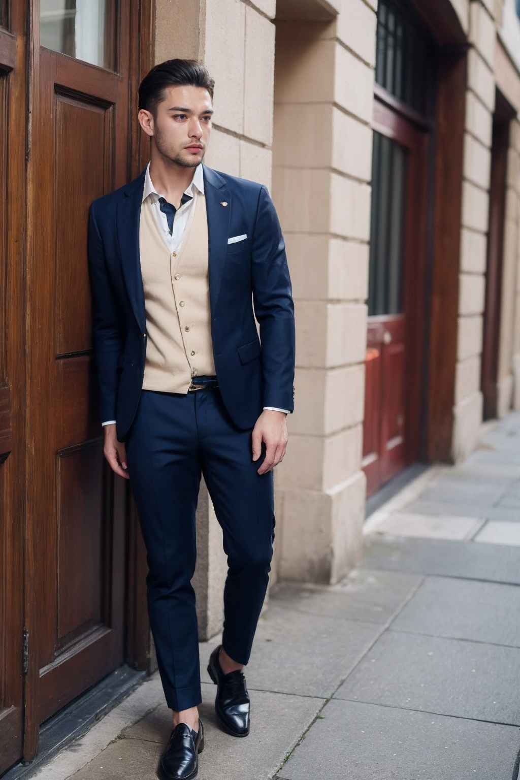 (1man:1.4),(male:1.2),(full body:1.2),(Collared shirt and blazer and suit trousers:1.4),<lora:Male_3:0.8>,