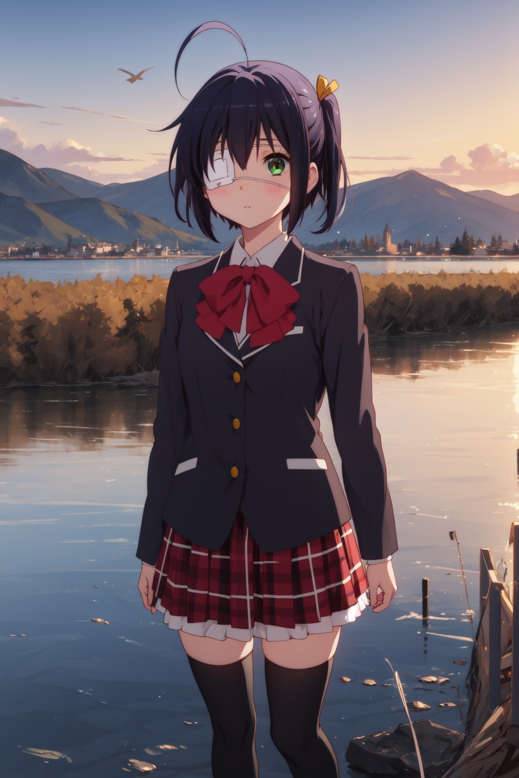 <lora:Rikka-000006:0.8>,Rikka CYQL,1girl,looking at viewer,solo,black hair,short hair,ahoge,ribbon,yellow ribbon,one side up,green eyes,eyepatch,medical eyepatch,red bow,school uniform,bowtie,shirt,skirt,thighhighs,plaid skirt,zettai ryouiki,plaid,shoes,blazer,black thighhighs,jacket,blush,light_blush,full_shot,Marshland, Sunrise, Birds, Water, Reeds, Reflection, Serenity, Colors,(Coastal wildflowers, Sand dunes, Coastal breeze, Wildflower explosion, Coastal landscape, Sunset hues:0.5),beautiful detailed sky,beautiful detailed glow,posing in front of a colorful and dynamic background,masterpiece,best quality,beautiful and aesthetic,contrapposto,female focus,wallpaper,