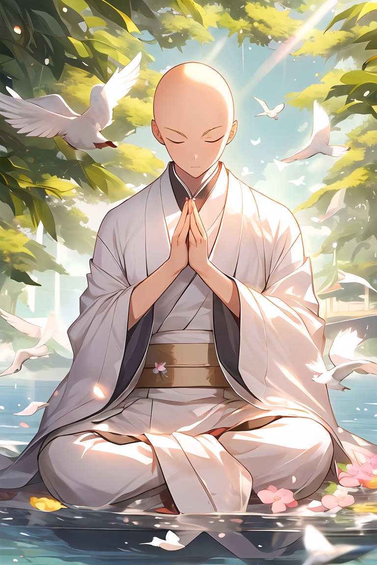 monk,1boy,bald,solo,leaf,flower,wide sleeves,closed eyes,long sleeves,dove,closed mouth,full body,sunlight,bird on hand,water,sun,ripples,looking down,sit cross-legged,light particle,put your hand on your chest,chinese monk's kasaya clothes,highlights on the top of the head,<lora:yiling_玉面小僧:0.8>,
