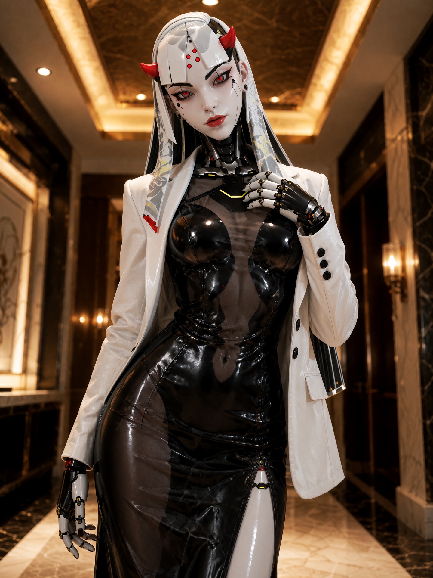 08. shion,  glossy sci-fi fashion illustration,  photorealistic female android with porcelain-white synthetic skin on Tens...