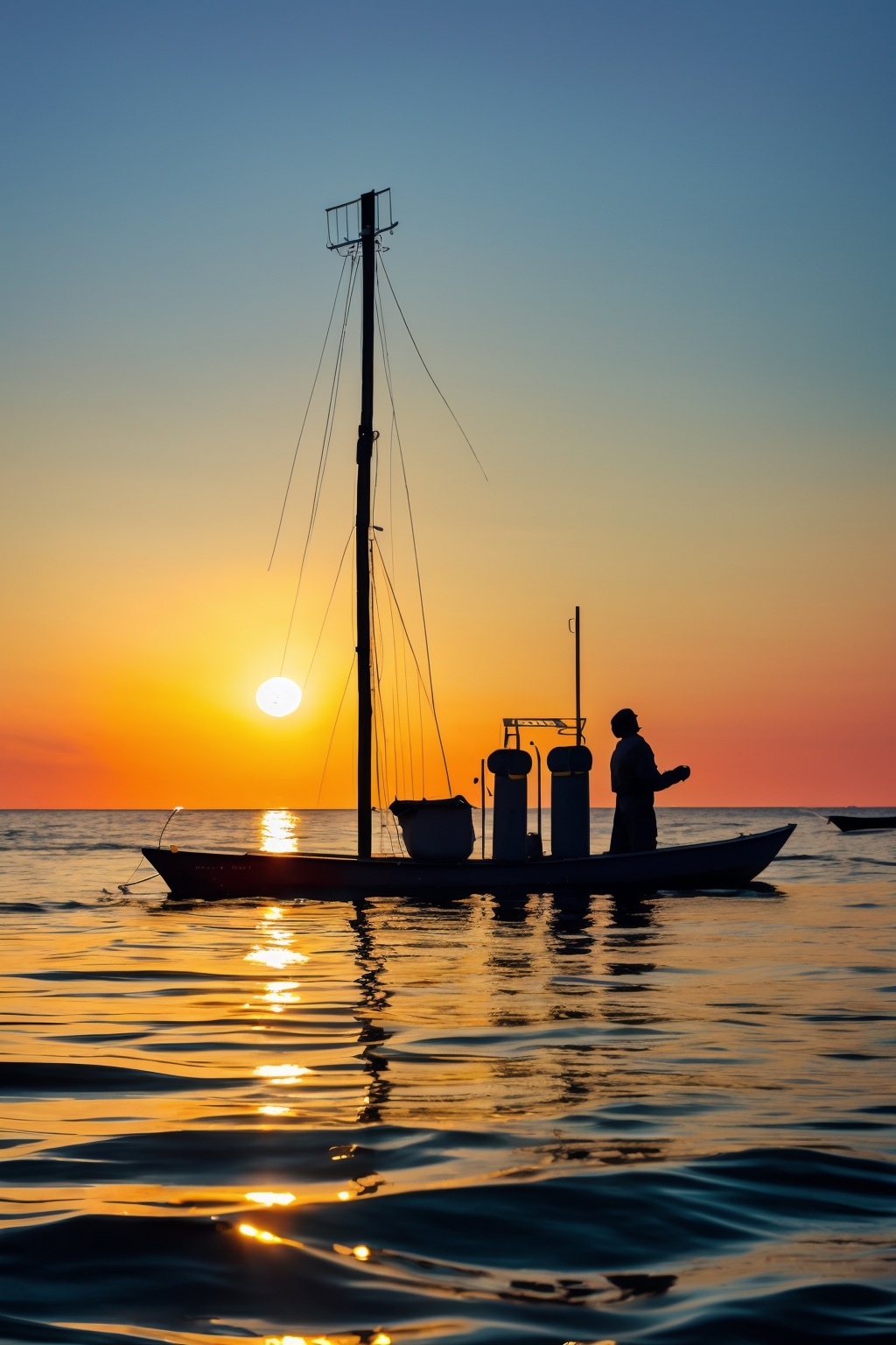 Camera film style,a serene sunset over a calm sea,with the sun's golden rays reflecting off the water's surface. In the foreground,there's a silhouette of a person rowing a boat,with a few other boats visible in the distance. On the left,there's a structure that appears to be a lighthouse or a signpost,and a few scattered lamps and poles further add to the scene's charm,, masterpiece,best quality,