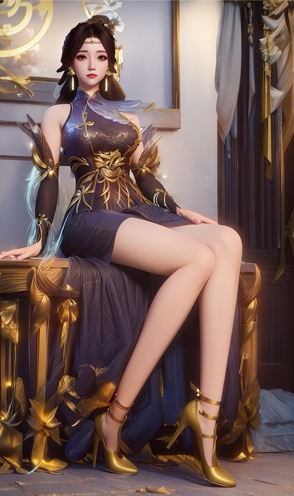3D,masterpiece,(best quality),(makeup),official art, extremely detailed cg 8k wallpaper,((crystalstexture skin)), (extremely delicate and beautiful),(highly detailed),(braided_hair),(hairpin),(1girl), (solo), (jewelry), (earrings),(black_hair),(long_hair),(hair_ornament),(handwear),(breasts),(sitting),(collar),,(full_body),(whole_body),(multicolored_clothes),(multicolored_dress),(long_dress),(long_skirt),(chinese_clothes),(adapted_costume),(long_legs),(sunshine, outdoor,bed),((looking_at_viewer)),((Facing the camera)),(gold_high_heels),(gold_shoes),, <lora:hipoly3DModelLora_v10:0.3>