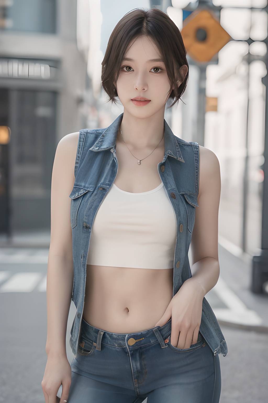 <lora:0826_10:0.7>(Best quality, masterpiece, ultra high res:1.2),photorealistic,raw photo,unity 8k wallpaper,cowboy shot,traffic light,1girl,cutoff jeans,denim vest,navel,hand in pockets, short hair,, 1girl,realistic,masterpiece, best quality, photorealistic, HDR,detail