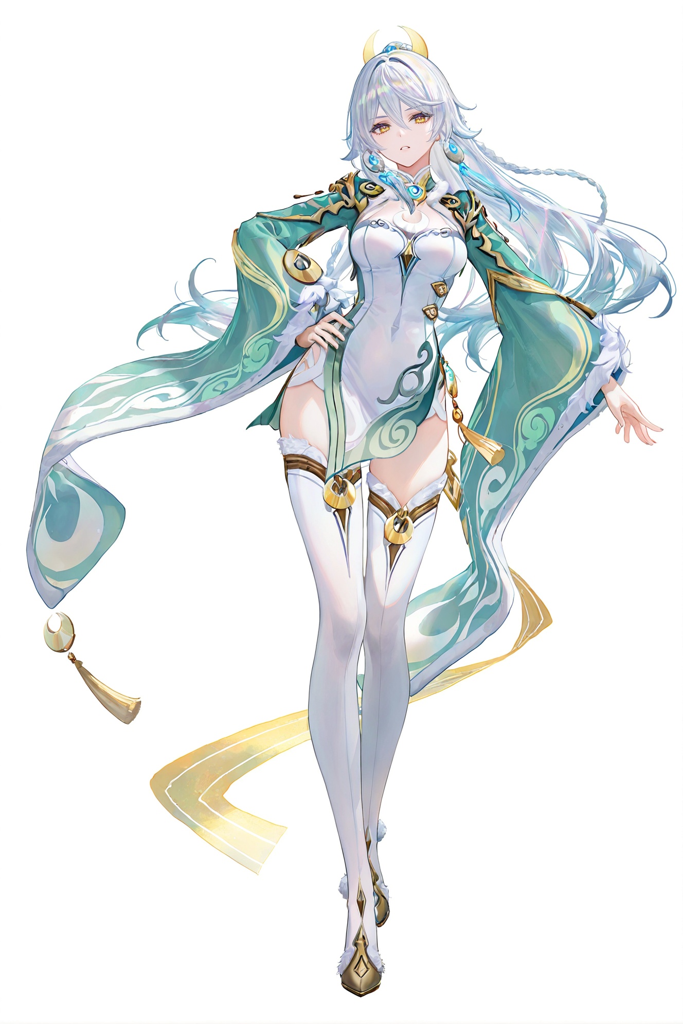 8k,best quality,masterpiece,(ultra-detailed),(high detailed skin),((artist:reoen),(artist:fuzichoco),(artist:atdan),(artist:torino_aqua),year 2024:0.8)1girl,[artist:wlop],[artist:ningen_mame],artist:ciloranko,[[artist:rhasta]],artist:tidsean,colorful,full body,full shot,standing,(solo:1.2),simple background,(white background:1.2),hand on own hip,(white background:1.1),looking at viewer,<lora:zibai-will-Tanger-000014:0.8>,zibai \(Genshin Impact\),clothes: zibai def white dress,1girl,long hair,breasts,fur-trimmed white highhighs,yellow eyes,wide sleeves,