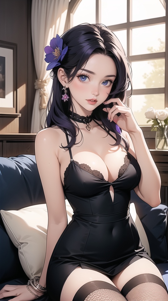 (best quality), ((masterpiece)), (highres), illustration, original, extremely detailed,1girl, solo, flower, fishnets, corded phone, breasts, fishnet thighhighs, hair ornament, thighhighs, cleavage, side slit, hair flower, blue eyes, dress, rose, phone, purple hair, medium breasts, candle, sitting, gem, couch, window, petals, pillow, lips