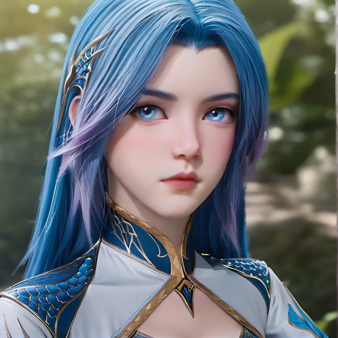 1girl,solo,long hair,blue hair,gradient hair,blue eyes,dress,looking at viewer,outdoors,very beautiful scenery,close-up,realistic,Highly detailed,(ultra-detailed),(best quality,masterpiece:1.5),<lora:斗罗大陆2绝世唐门-王秋儿XL:0.9>,detailxl,