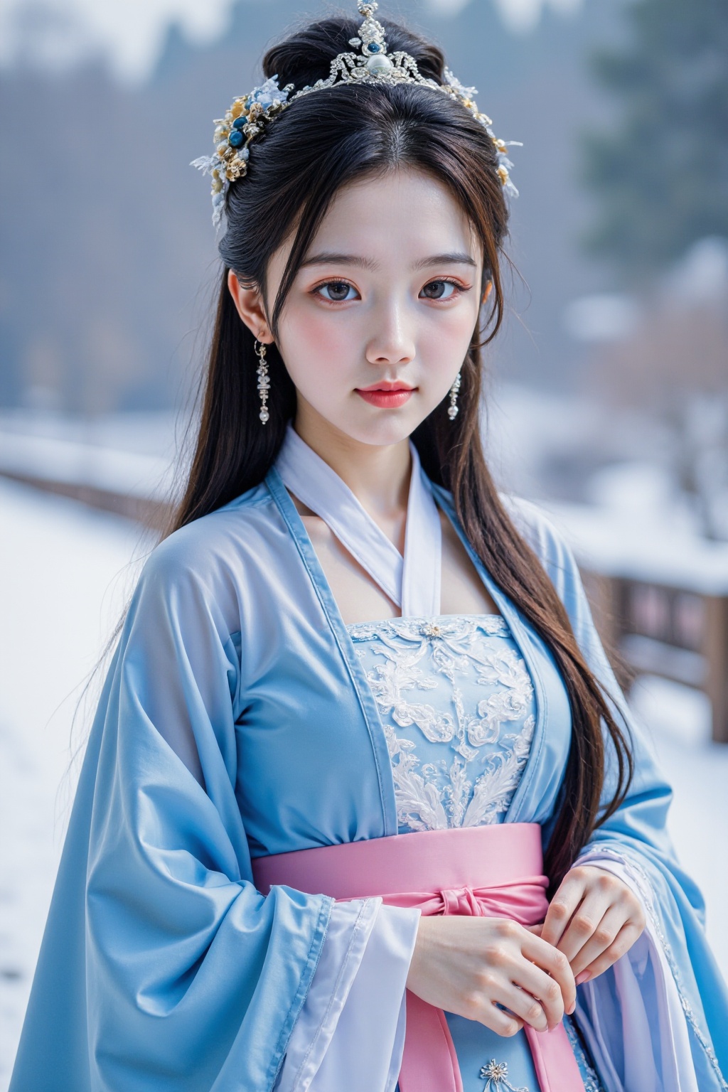 (extremely detailed),(detailed face:1.4),(beautiful detailed eyes:1.2),1girl,solo,long hair,blue and white and pink chinese dress,upper body,arms at sides,winter,outdoors,