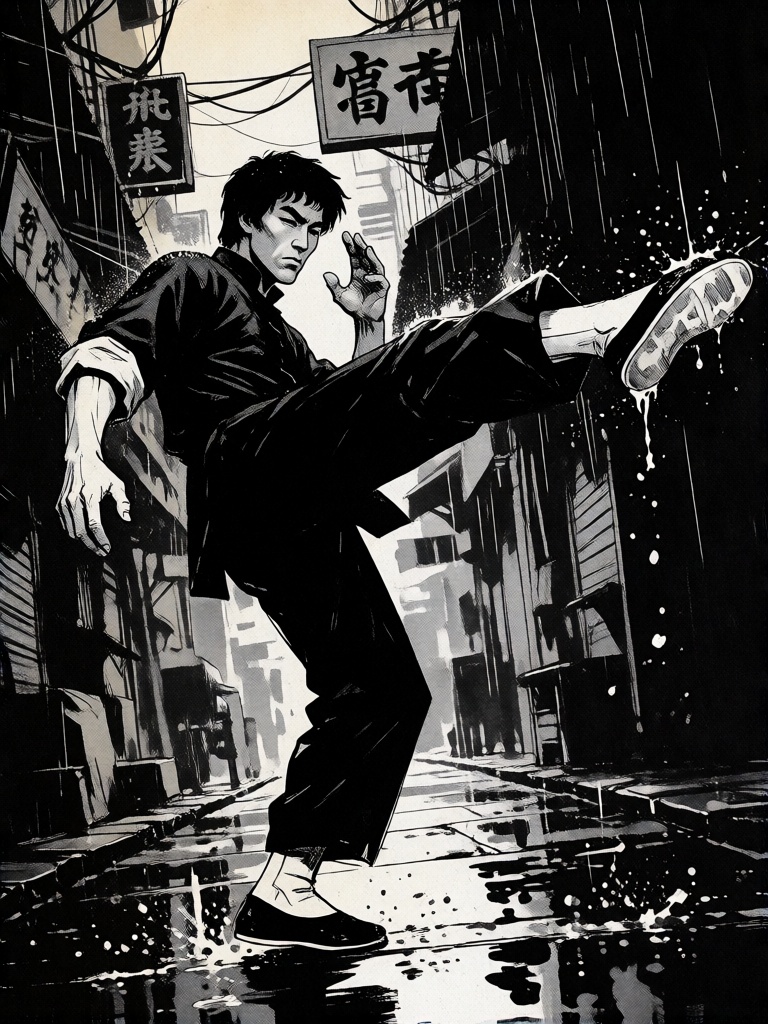 A black and white cinematic martial-arts comic illustration of Bruce Lee in a narrow Hong Kong alley during heavy rain. He...