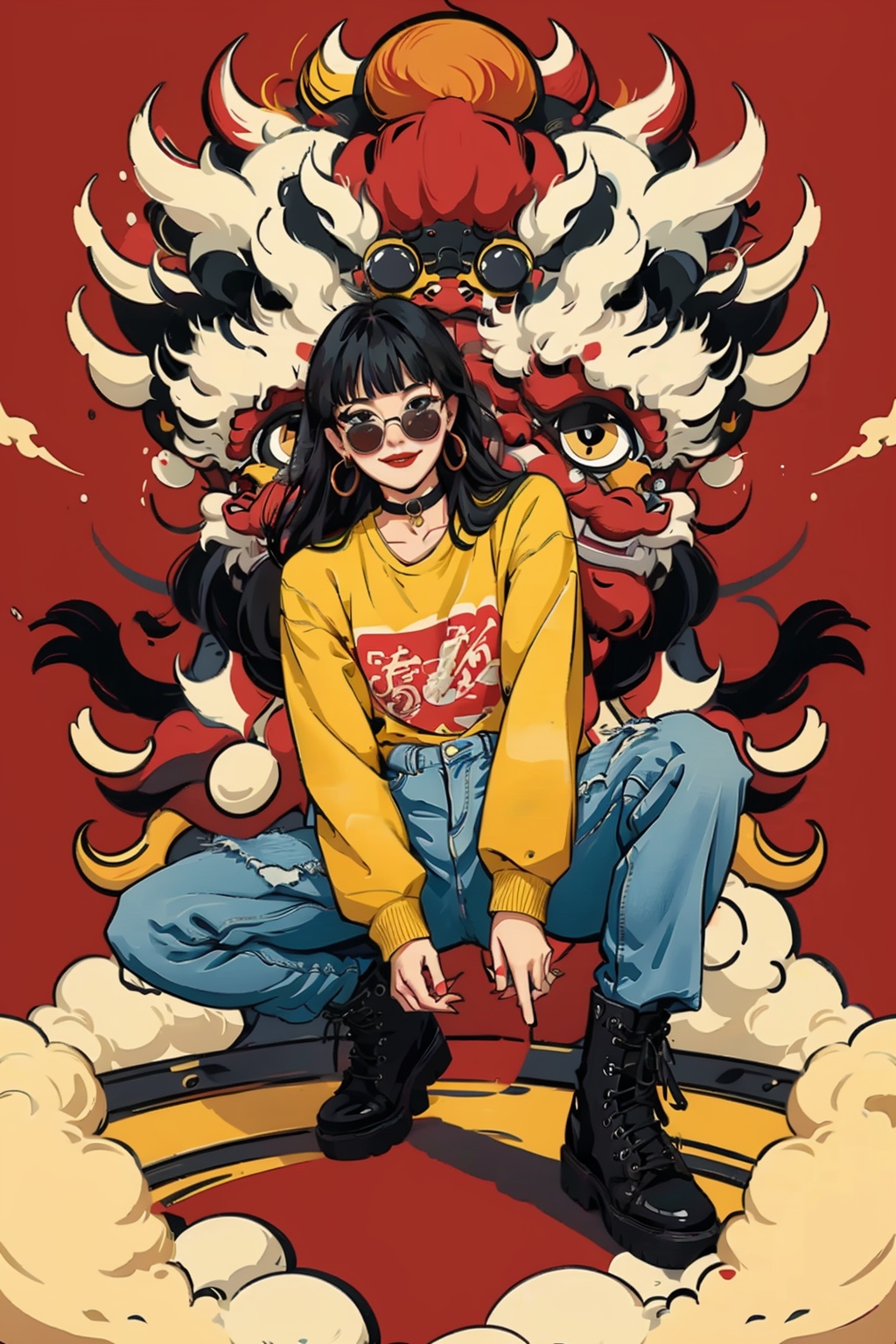 ((masterpiece)), best quality, perfect anatomy,8K wallpaper,mChinaChic, 1girl,  solo, black hair, black footwear, long hair, red lips, sunglasses, cloud, looking at viewer, hand on head, lion dance, hoop earrings, arms on knees,black  boots, smile, bangs, sun, choker, blush, squatting on chinese drum, yellow shirt,sleeves past wrists, blunt bangs, wide shot, full body, jeans,red background,<lora:mChinaChic_v1:0.8>