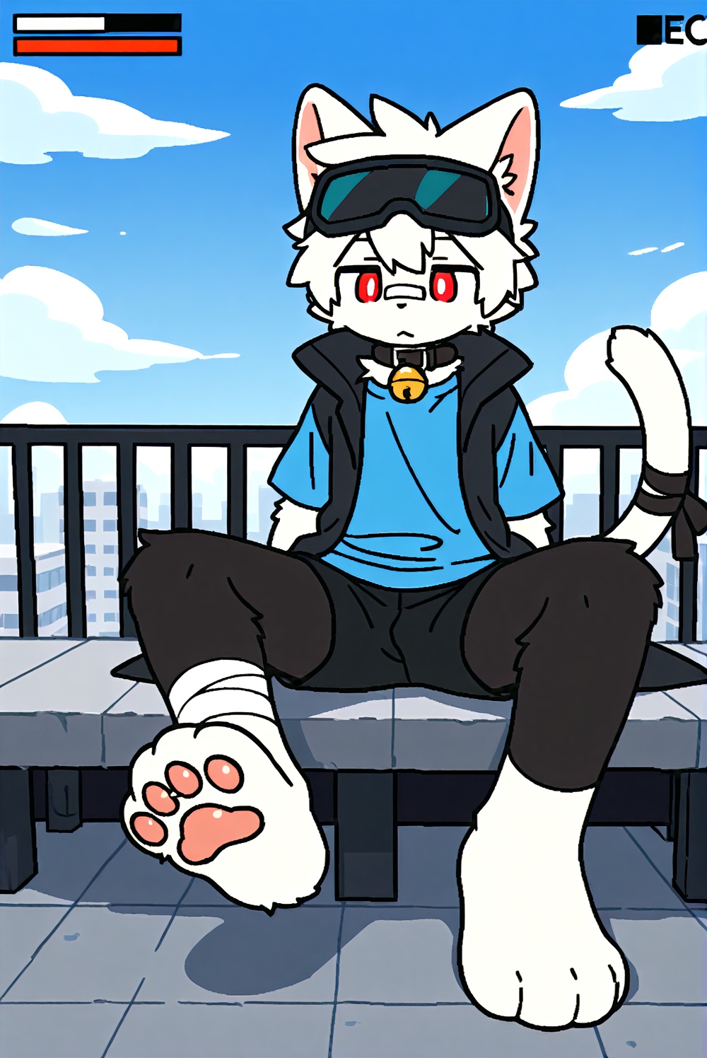furry,cat boy,1boy,solo,male_focus,(white_hair:0.8),red eyes,[bell on collar,Collar,Cortical collar,Large collar],(blue t-shirt,black_leggings under shorts,black bike_shorts),(barefoot) BREAK dutch angle,vanishing point,sitting on rooftop,(blue sky,cloud,wind),(masterpiece, best quality:1.1),foot focus,goggles on head,bandage on nose,bandage on leg,Tail decoration,cat tail,Open coat,bare,body fur,anthro,game ui,status_bar,game style,<lora:changed:0.4>,