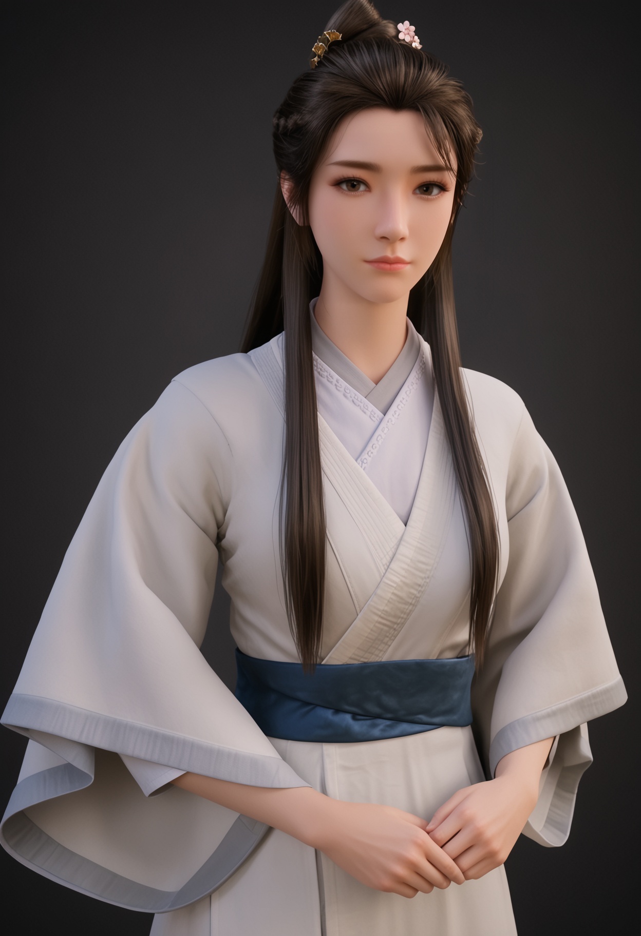 (cowboy shot:1.2),(looking at viewer:1.1),facing viewer,direct gaze,<lora:YQ_pony_xinruyin_V4:0.8>,q1528437228,1girl,solo,long hair,chinese clothes,hanfu,white dress,black hair,brown hair,hair ornament,brown eyes,sash,hair bun,hair flower,black eyes,braid,ponytail,forehead,jewelry,BREAK simple background,pure black background,black background,perfect anatomy,