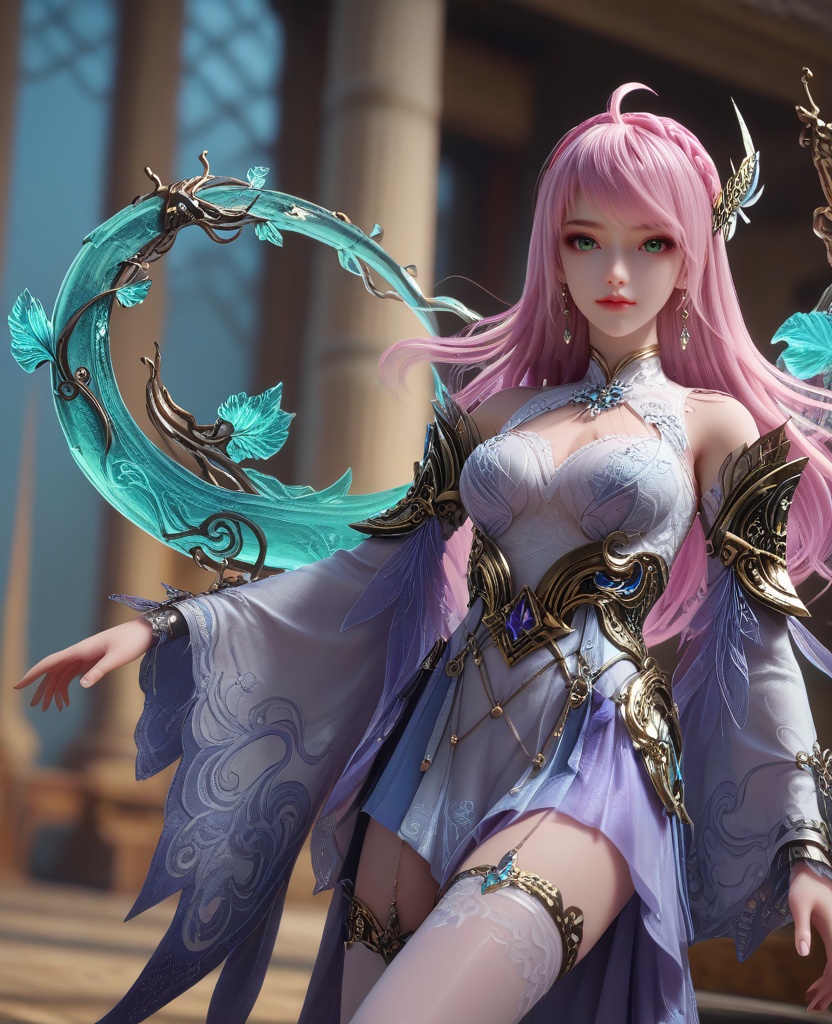 (oriental architecture, elegant decor, sophisticated style:1.1),(Leaning on a wall with one leg bent, looking contemplative:1.1),(breasts:1.2),<lora:XL16克金玩家林紫玥转职:0.95>,miss linziyue,lavender tiered high-low dress,green eyes,pink hair,ahoge,long hair,half-up crown braid with long cascading hair,jewelry,earrings,rerebrace,sash,detached sleeves,white single thighhigh with embroidery,crystal halo,, score_9,score_8_up,score_7_up,score_6_up,score_5_up,score_4_up,3d rendering,tag1,tag2, Cinematic Lighting,backlighting,, zPDXL3, zPDXL2,zPDXL, zPDXLxxx, zPDXLrl,