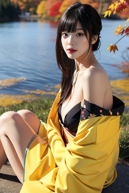 ultra-detailed,highly detailed,best quality,masterpiece,illustration,realistic,1girl,  solo, black hair, very long hair,  bangs, removing kimono,japanese clothes, kimono,yellow kimono, floral print, nipples, breasts,looking at viewer, outdoors, nature, lake,autumn,autumn leaves, sitting, off shoulder, <lora:removing kimono_v1_02:0.5> <lora:fashionGirl_v52:0.7>