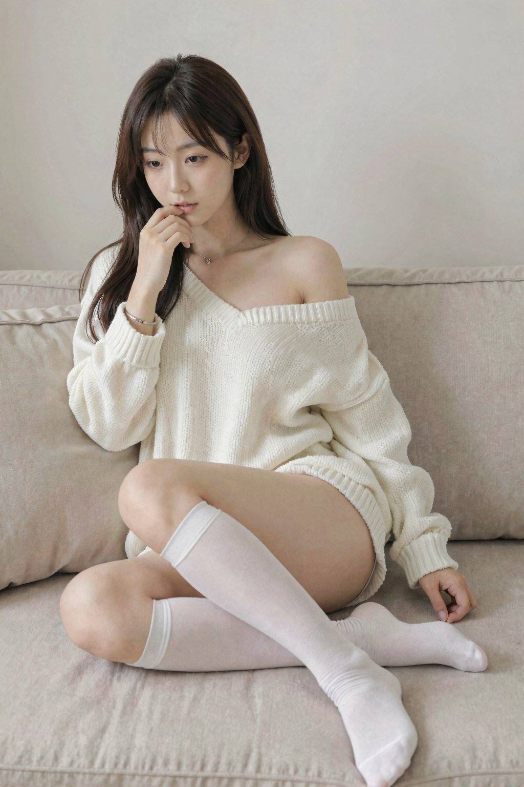 This is a high-resolution photograph of a young Asian woman sitting on a beige sofa in a minimalist, well-lit room. She has a fair complexion, long, straight dark brown hair with bangs, and a slender physique. She is wearing an oversized, off-the-shoulder white knit sweater that drapes loosely over her shoulders and arms, revealing her collarbone and upper chest. Her long legs are bare except for white thigh-high socks that reach just below her knees. She accessorizes with a silver bracelet on her right wrist and a delicate necklace around her neck. Her expression is soft and slightly contemplative, with her right hand resting near her lips, and her left hand resting on her thigh. The background is simple, featuring a neutral-colored wall and a beige sofa with a textured fabric. The overall aesthetic of the image is modern and minimalistic, emphasizing the subject's delicate features and the soft, cozy texture of her sweater.