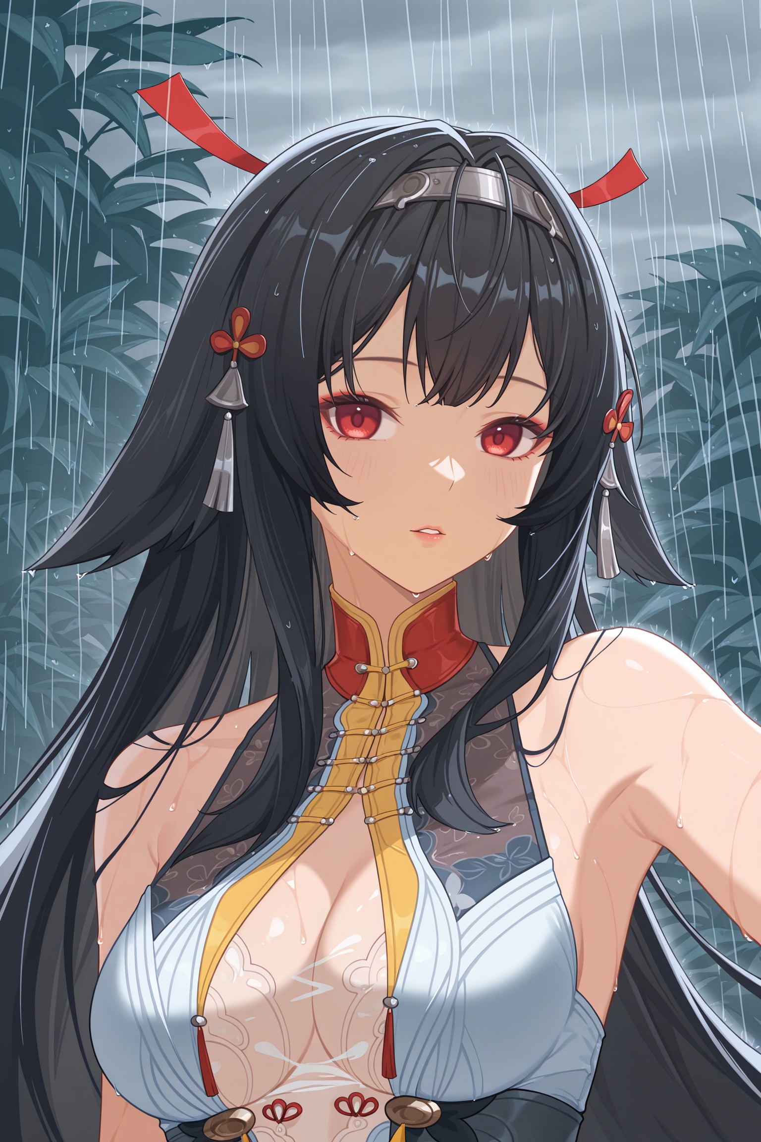 <lora:YeShunguang v0.9 illustrious-000078:1>,YeShunguang,solo,breasts,looking at viewer,bare shoulders,sleeveless,upper body,parted lips,cleavage,medium breasts,rain,hair ornament,dress,chinese clothes,armpits,sleeveless dress,hairband,black hair,red eyes,mature_female,long hair,