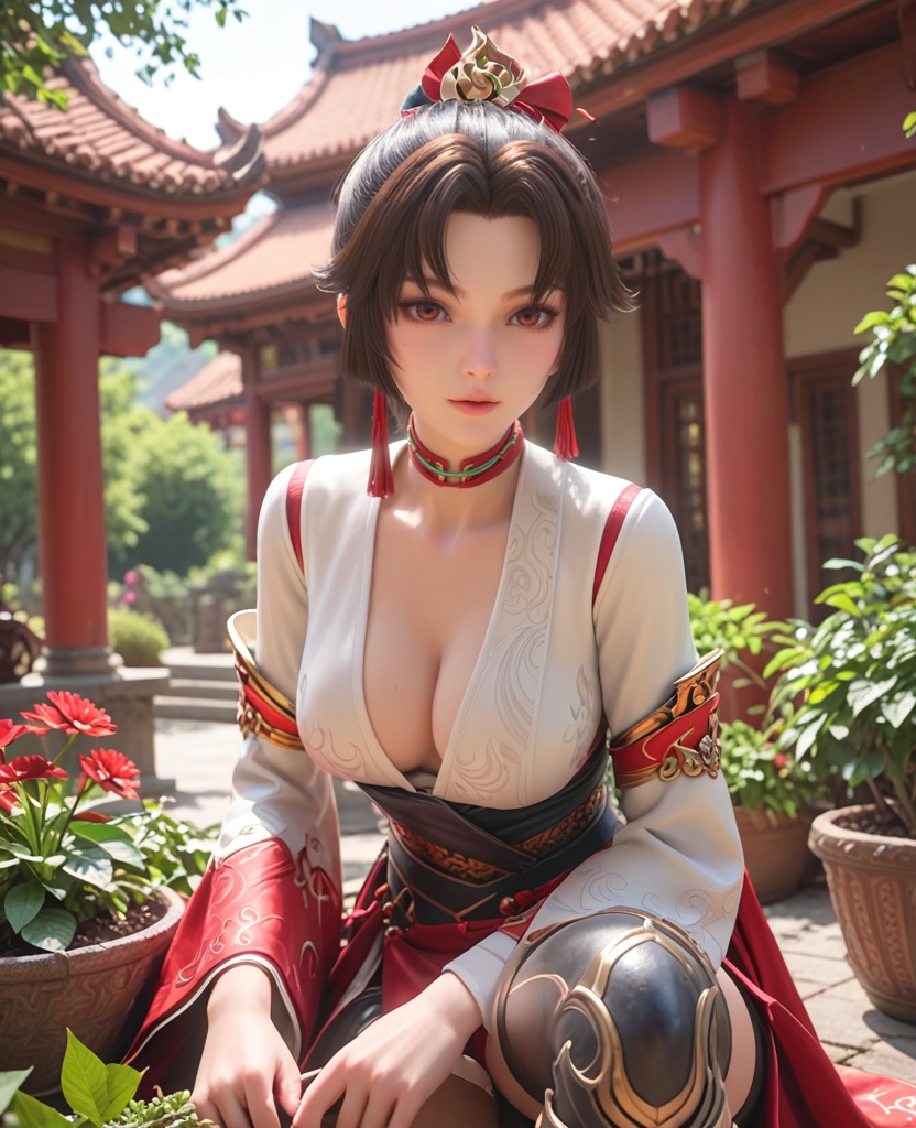 (oriental architecture, elegant decor, sophisticated style:1.1),(gardening:1.1),(large breasts:1.2),<lora:XL王者荣耀云缨:0.8>,miss yunying,red paired with white short kimono,black hair,short ponytail,bangs,red eyes,choker,hair ornament,sash,jewelry,tassel,lips,black thighhighs,greaves,, score_9,score_8_up,score_7_up,score_6_up,score_5_up,score_4_up,3d rendering,tag1,tag2, Cinematic Lighting,backlighting,, zPDXL3, zPDXL2,zPDXL, zPDXLxxx, zPDXLrl,