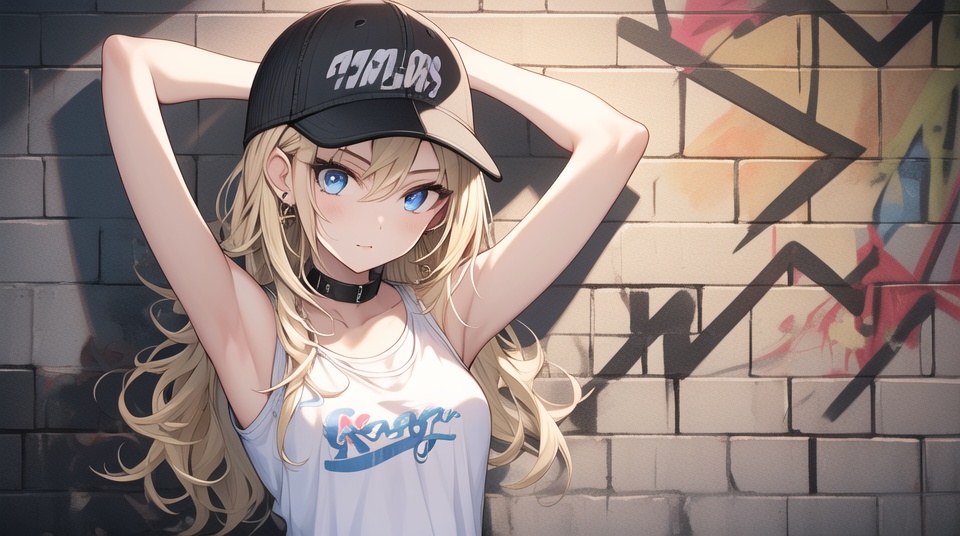 1girl,bangs,bricks,honeycomb,jewelry,medium breasts,BLACK baseball cap,brick wall,arms behind head,arms raised,black collar,blonde hair,blue eyes,tightly closed mouth,collarbone,hoop earrings,hat,jeans,long hair,brassiere,bare-chested,graffiti