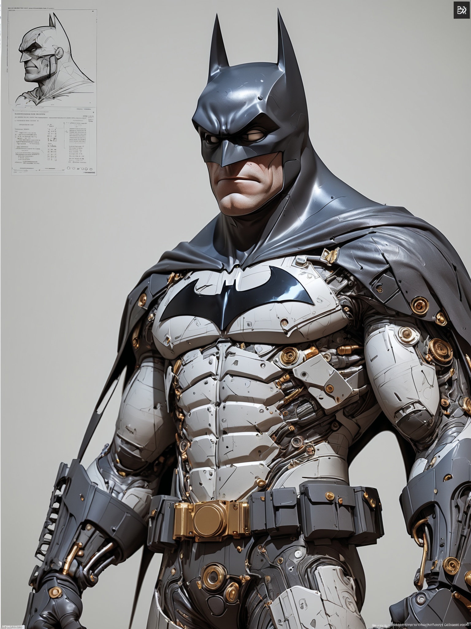 poster of a mechanical dc comics character batman,  by sagrav technical Schematics viewed from front and side view on ligh...