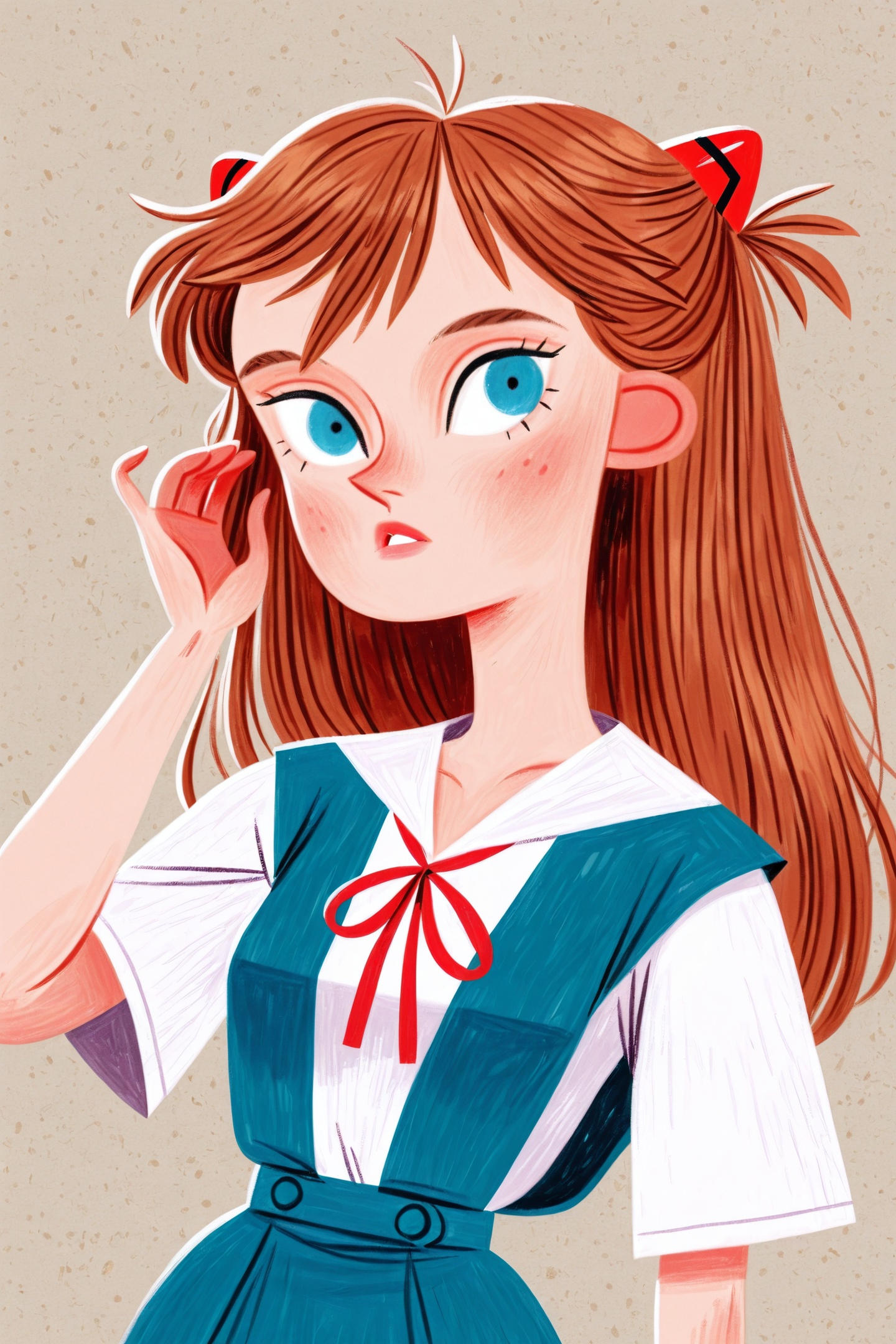 David Sierra Liston Style,1girl,souryuu asuka langley,blue eyes,long hair,school uniform,solo,brown hair,interface headset,skirt,tokyo-3 middle school uniform,upper body,parted lips,adjusting hair,<lora:David Sierra Liston_illustriousXL:1>,