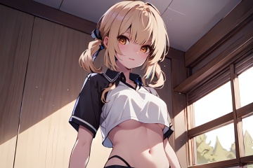 (1girl: 1.2),  (breasts: 1.2),  (underboob: 1.2),  (navel: 1.2),  (solo: 1.1),  (twintails: 1.1),  (low_twintails),  (looking_at_viewer),  crop_top,  rating:safe,  short_sleeves,  long_hair,  shirt,  medium_breasts,  hair_tie,  bangs,  upper_body,  stomach,  lips,  black_shirt,  collared_shirt,  realistic,  hair_over_shoulder,  closed_mouth,  blunt_bangs,  midriff,<lora:EMS-248732-EMS:0.800000>