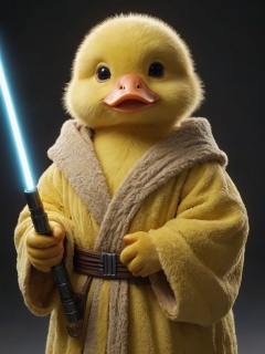 a fluffy yellow duck as a jedi,lightsaber, robe,, (best quality, highres, masterpiece, 8k,)