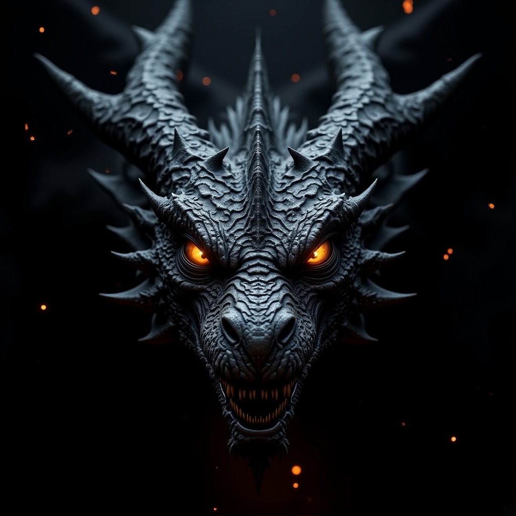 This image is a highly detailed,  hyper-realistic CGI rendering of a dragon. The dragon's face dominates the frame,  filli...