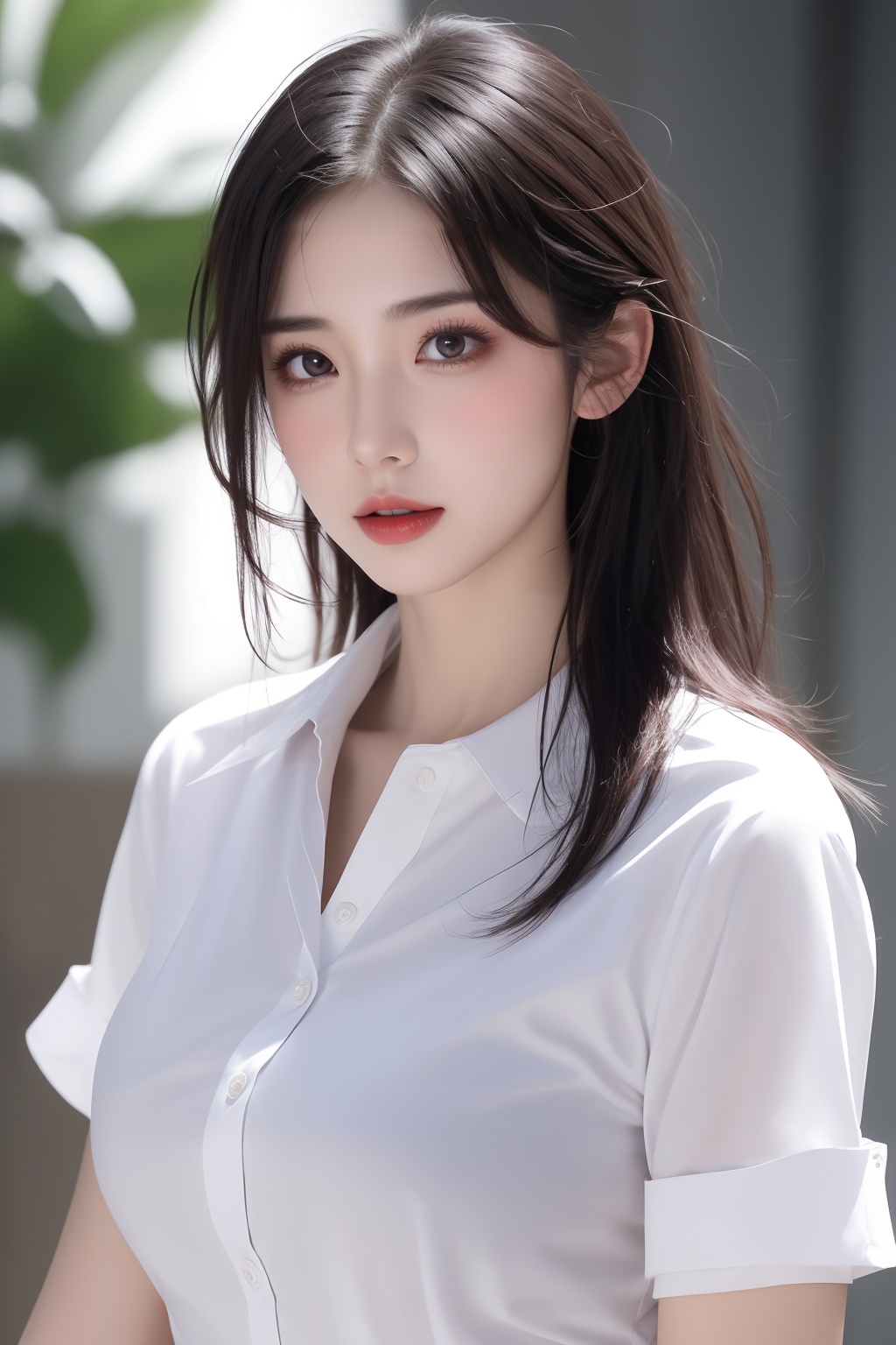 1girl, black hair, bra, bra visible through clothes, breasts, brown eyes, collared shirt, large breasts, lips, long hair, looking at viewer, nose, photorealistic, realistic, see-through, shirt, short sleeves, solo, underwear, upper body, wet clothes, wet shirt, white shirt, wing collar <lora:美女:0.8>
