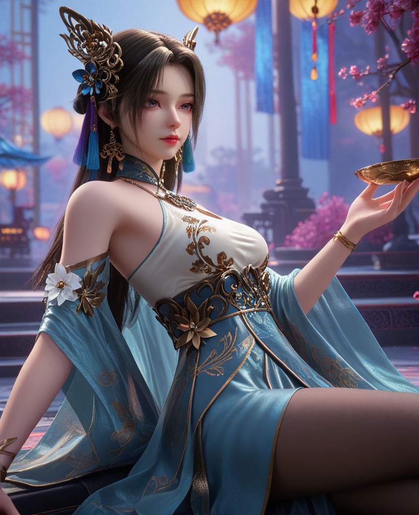 (oriental architecture, elegant decor, sophisticated style:1.1),(relaxing:1.1),(breasts:1.2),<lora:XL16克金玩家璎珞:0.95>,miss yingluo,blue peplum gown with white corset,violet eyes,black hair,long hair,hair ornament,necklace,jewelry,bracelet,black pantyhose,wide flowing sleeves,faux floral embellishments,, score_9,score_8_up,score_7_up,score_6_up,score_5_up,score_4_up,3d rendering,tag1,tag2, Cinematic Lighting,backlighting,, zPDXL3, zPDXL2,zPDXL, zPDXLxxx, zPDXLrl,
